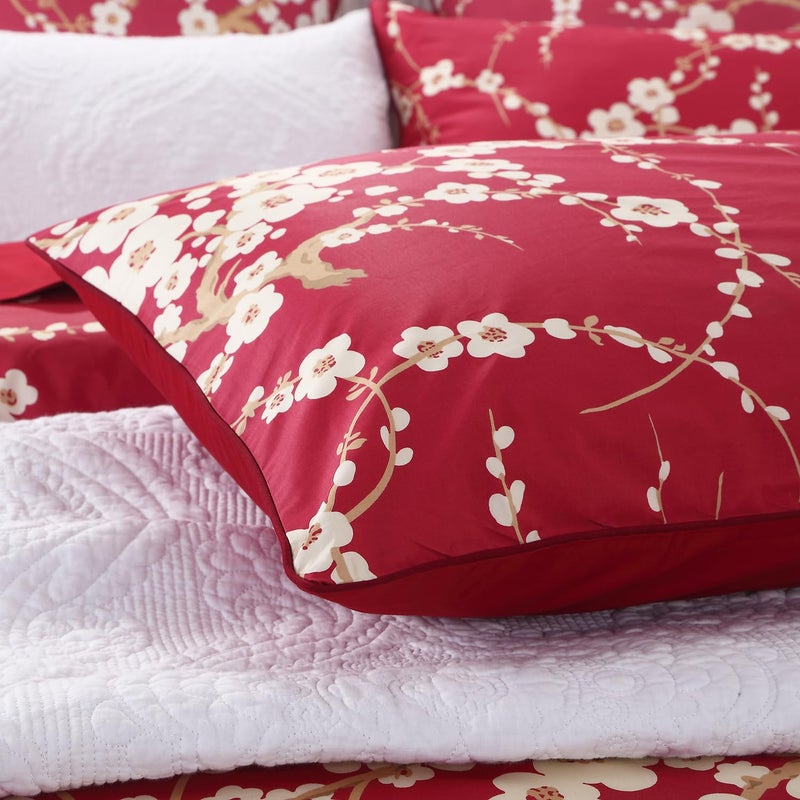 WINLIFE 100% Cotton Pillowcases Set of 2 Floral Printed Pillow Case Beige Plum Blossom on Red Pillow Cover, Queen 20x30'' - Image 2
